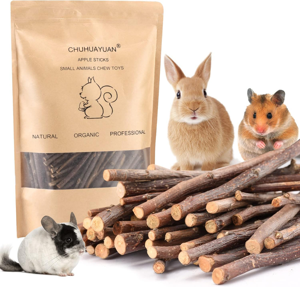 ERKOON Natural Apple Sticks front view package of organic small animal chew toys.