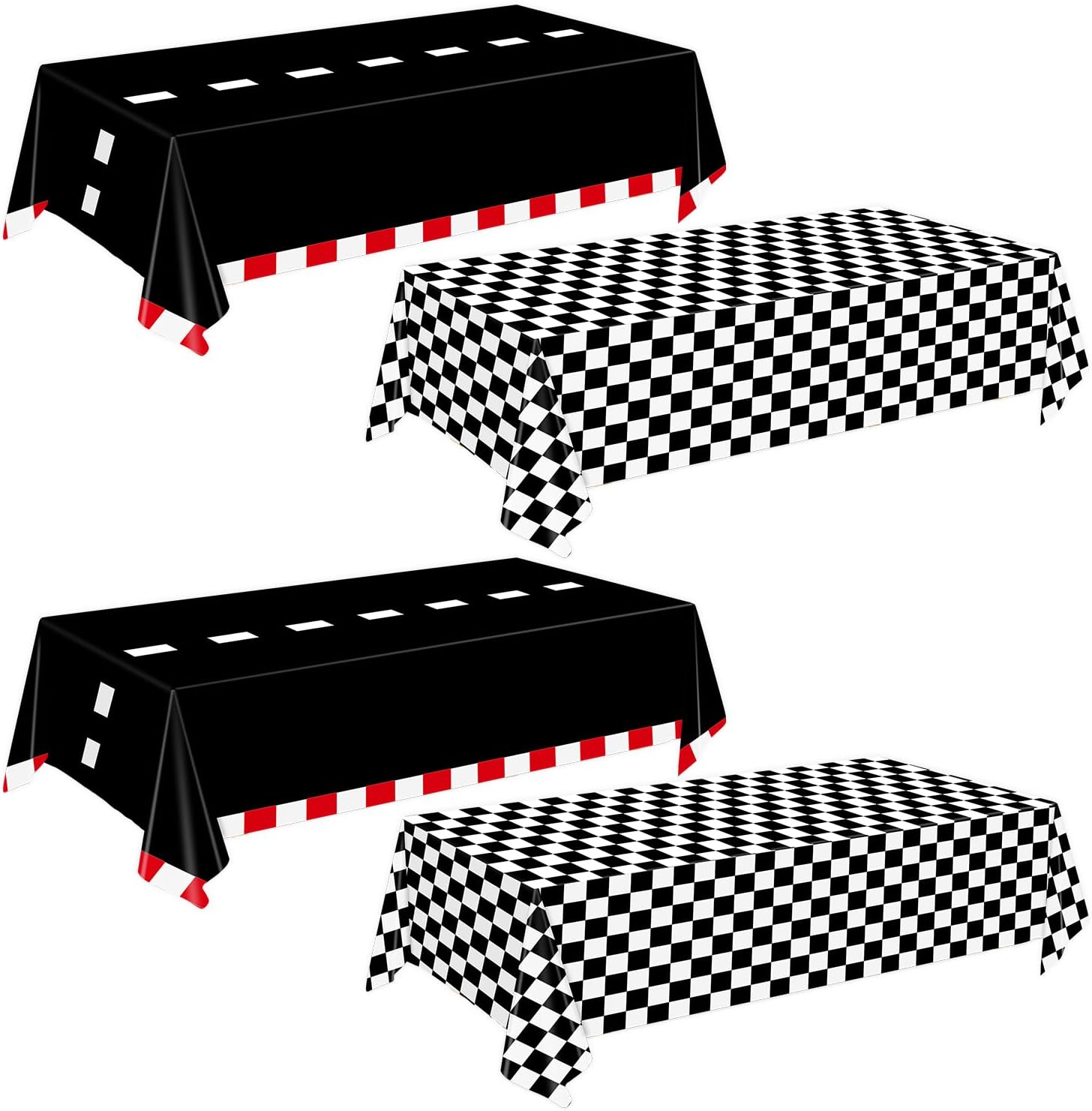 Oigco racing car tablecloth pack front view showing the packaging and vibrant black and white checkered pattern.