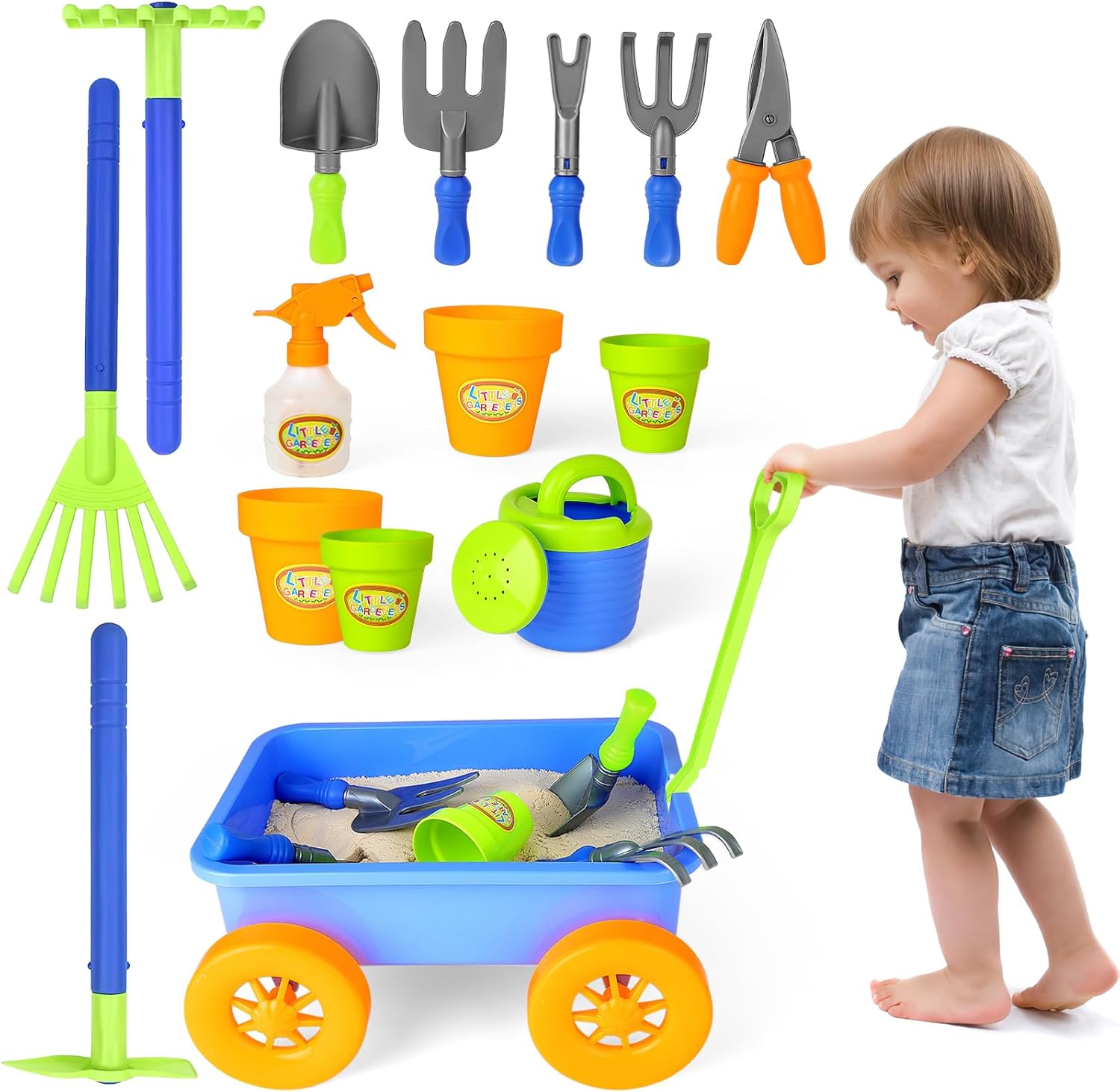 deAO Kids Garden Wagon Wheelbarrow front view showing pull-along cart
