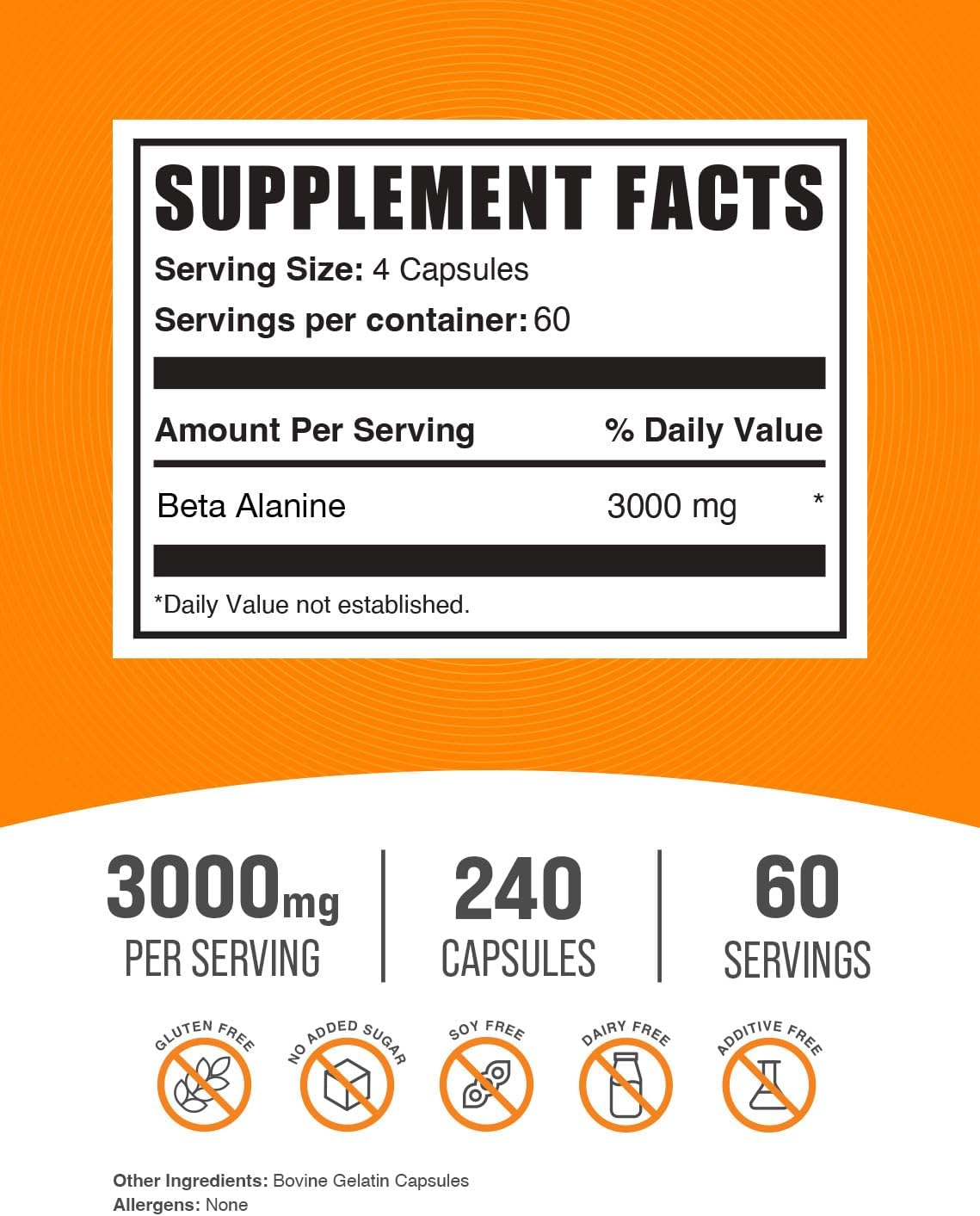 BulkSupplements Beta Alanine 3000mg serving size and supplement facts label