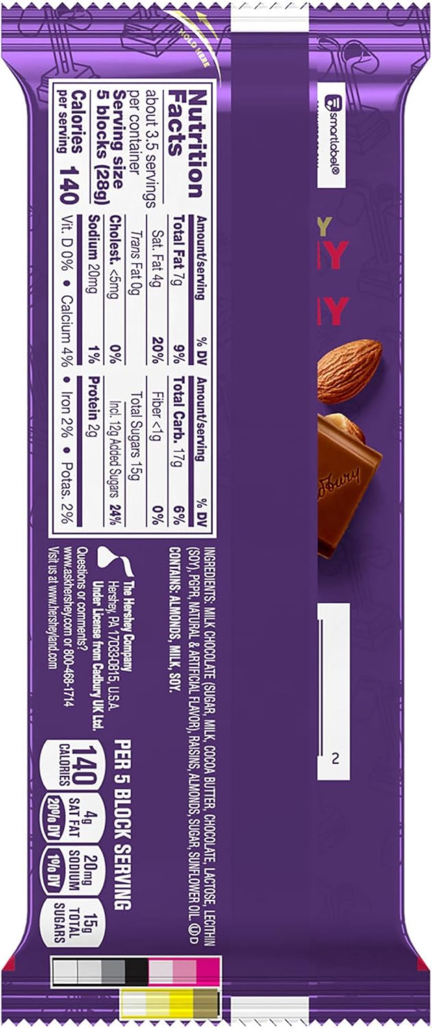 Imported Cadbury Dairy Milk Fruit and Nut chocolate bar showing product weight.