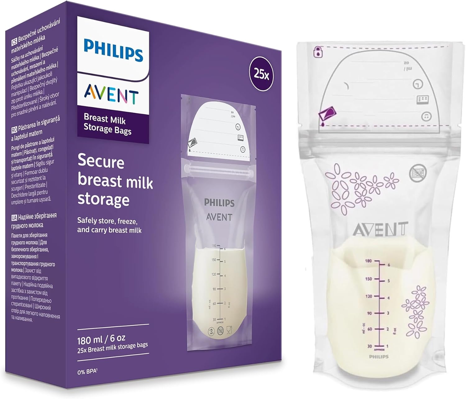 Philips Avent Breast Milk Storage Bags - 25 Bags | Ultimate Protection for Your Breast Milk | Can be stored in The Fridge or Freezer | Pre-sterilized for immediate use | SCF603/25 - Image 1