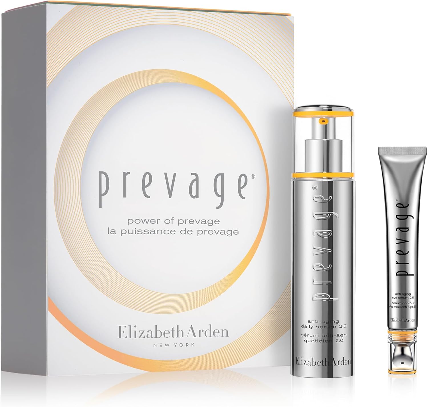 Elizabeth Arden PREVAGE Anti Aging Face Serum 2.0 front view of the premium silver pump bottle.