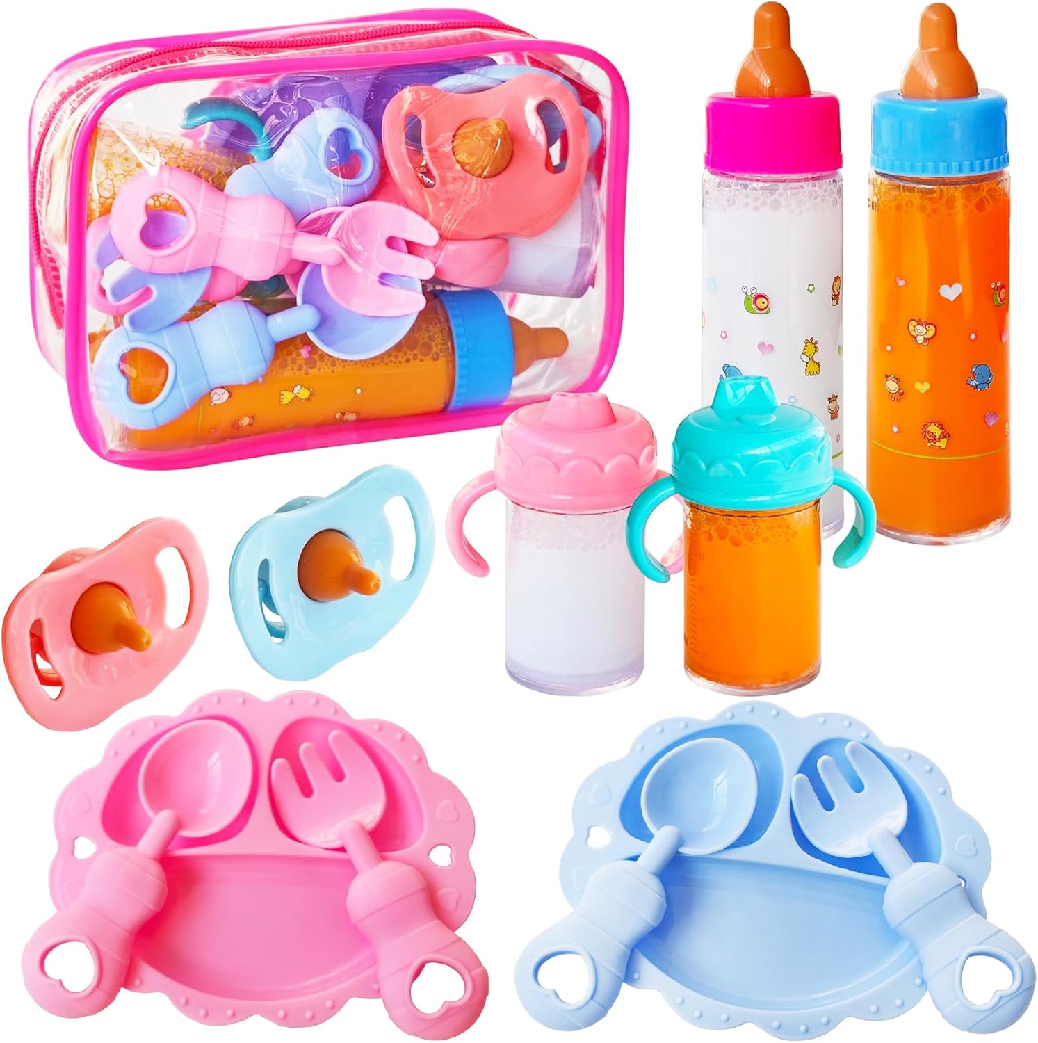 Woozettn 13 piece baby doll accessories magic bottle set front view showcasing disappearing liquid milk and juice bottles.