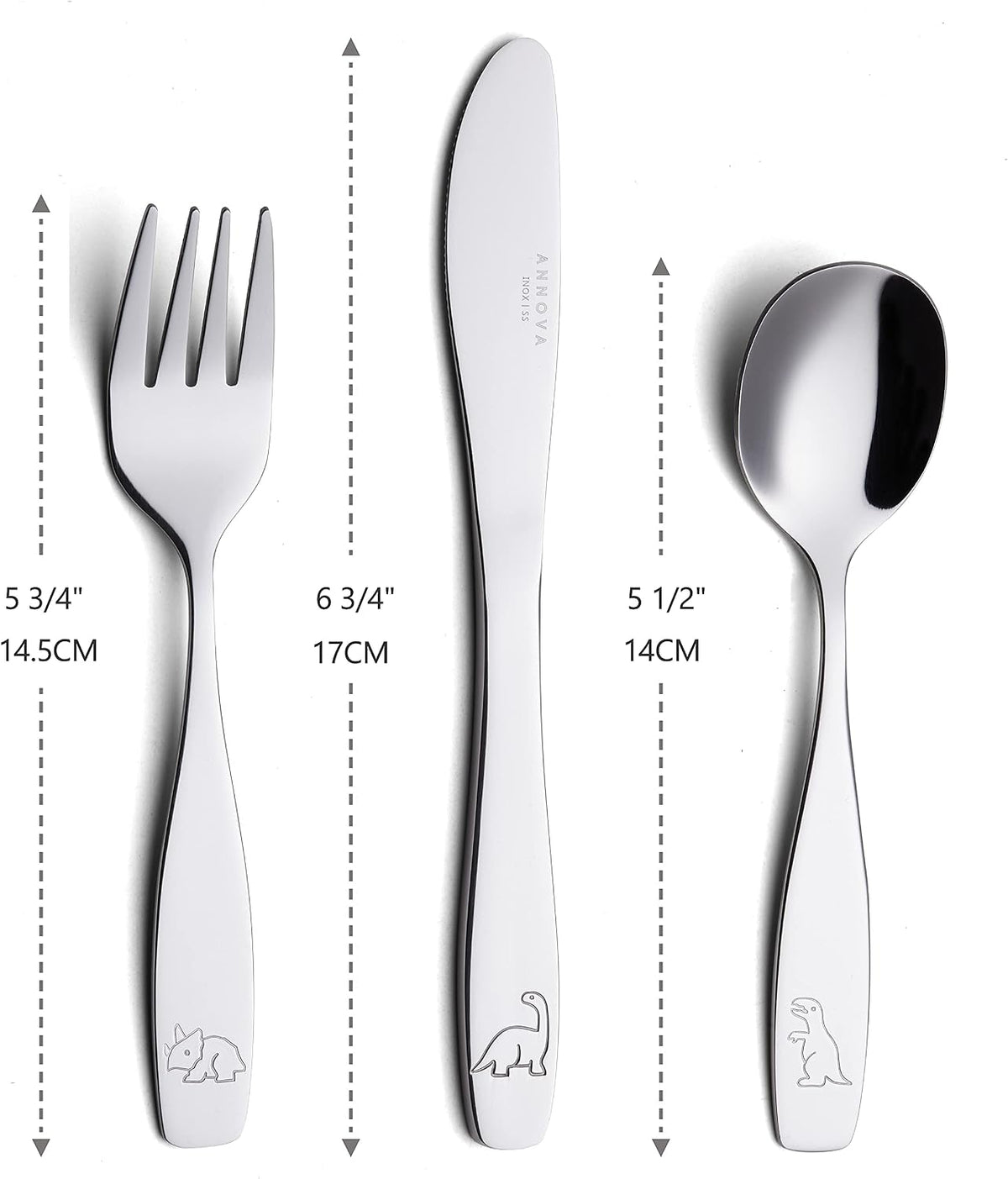 Annova stainless steel child flatware set arranged neatly for packaging display