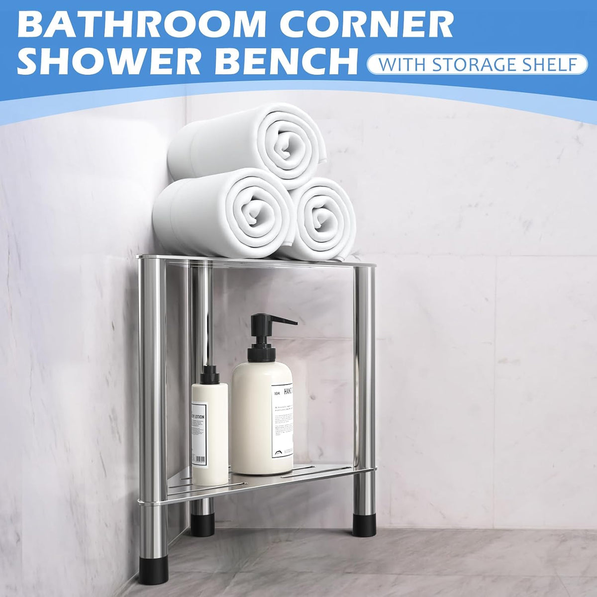 HzTinT stainless steel shower bench displaying double-layer storage shelf