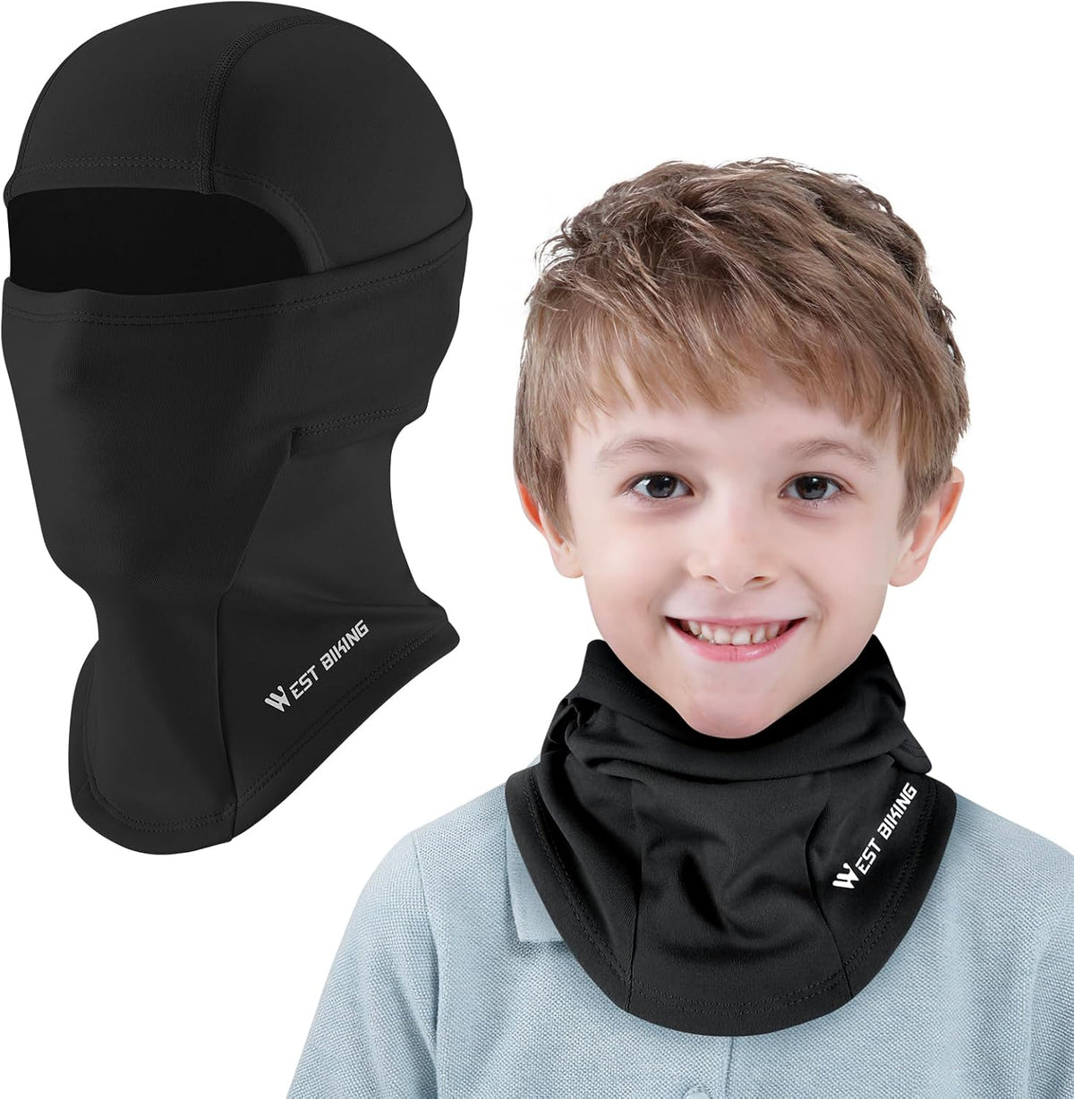 ICOCOPRO Kids Balaclava front view showcasing the black thermal fleece ski mask design for children.