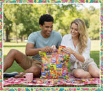 Okida individually wrapped party candy assortment spread out showing Haribo and Sour Patch Kids