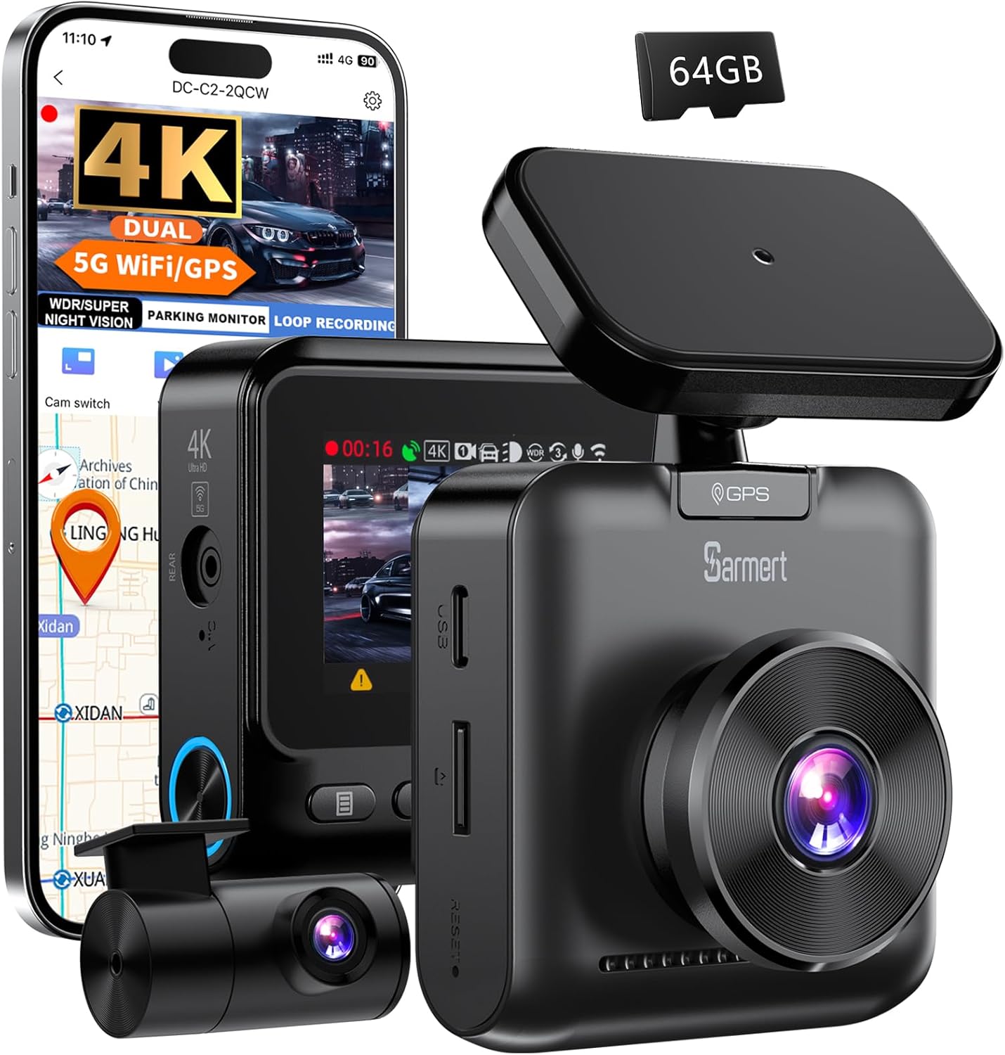 Sarmert C2 4K dual dash cam front view showcasing the premium camera lens design.