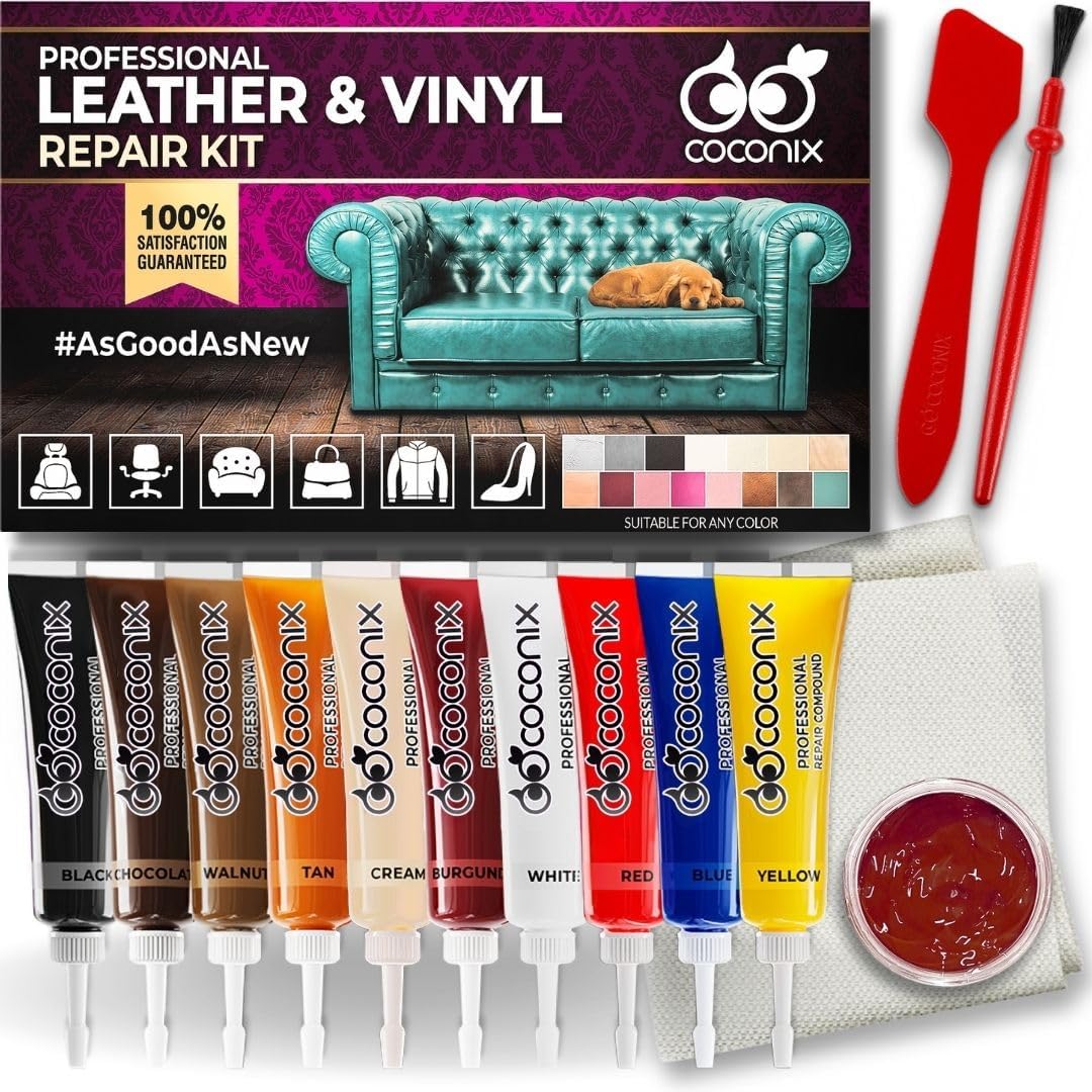 Coconix Leather And Vinyl Repair Kit front view showcasing color tubes and mixing jar