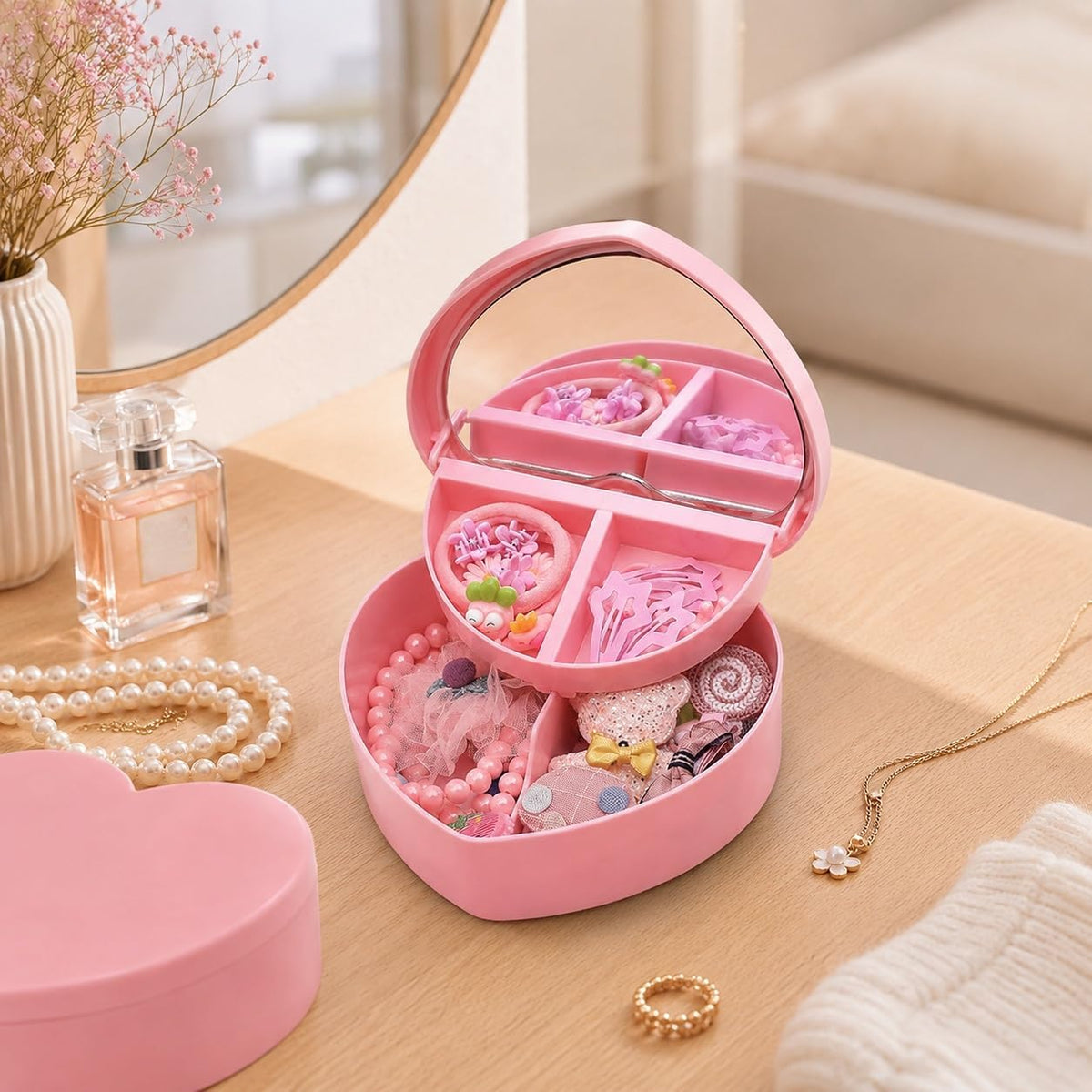 Cabilock double layer jewelry case displaying top and bottom compartments