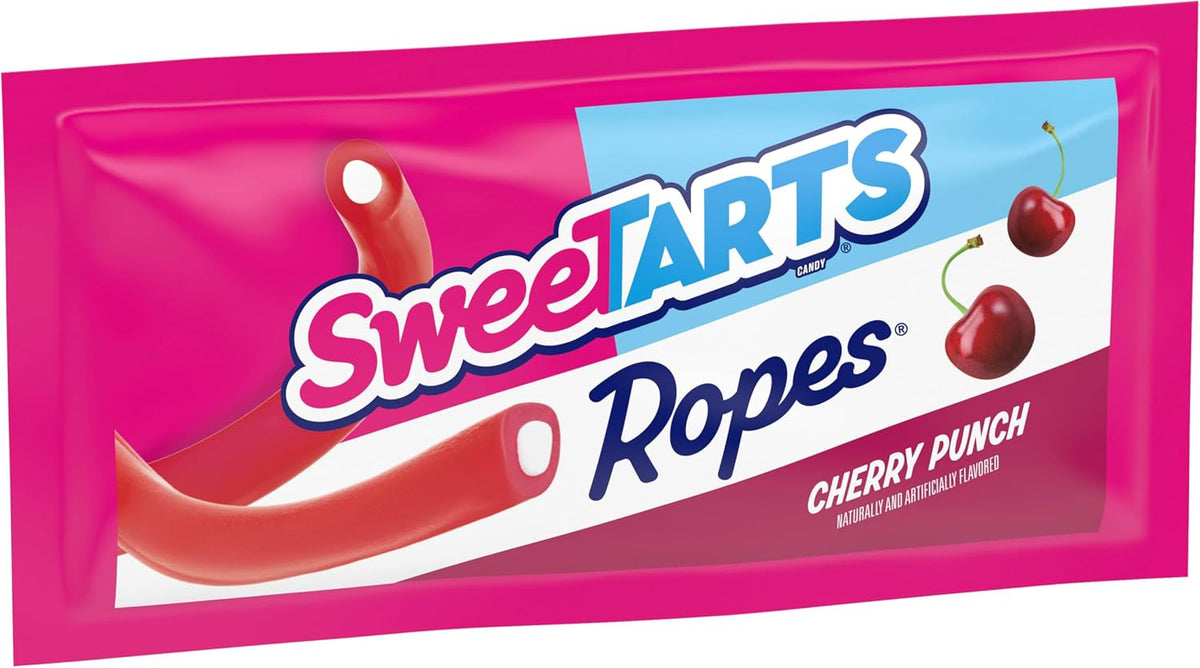 Close up of soft bendable SweeTARTS candy ropes showing the sweet sour core