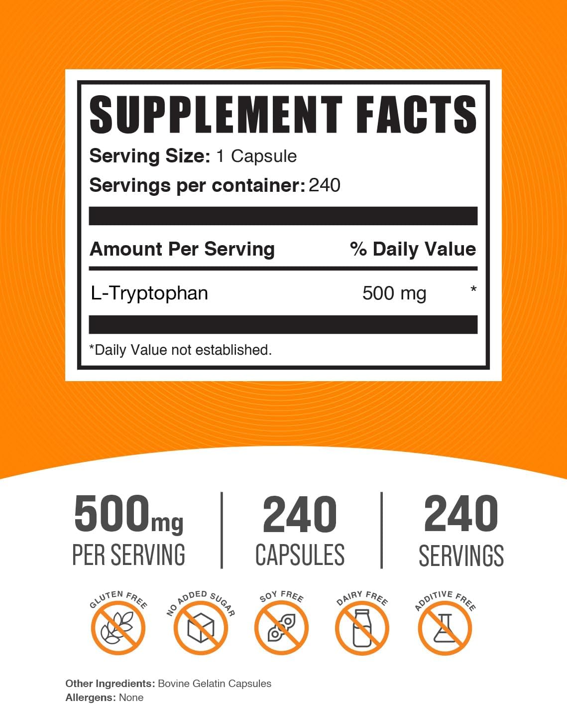 BulkSupplements amino acid supplement 240 count label details