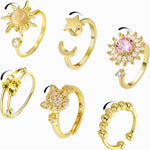 CDIYAR 6 piece gold fidget anxiety rings front view showcasing moon star and sunflower designs
