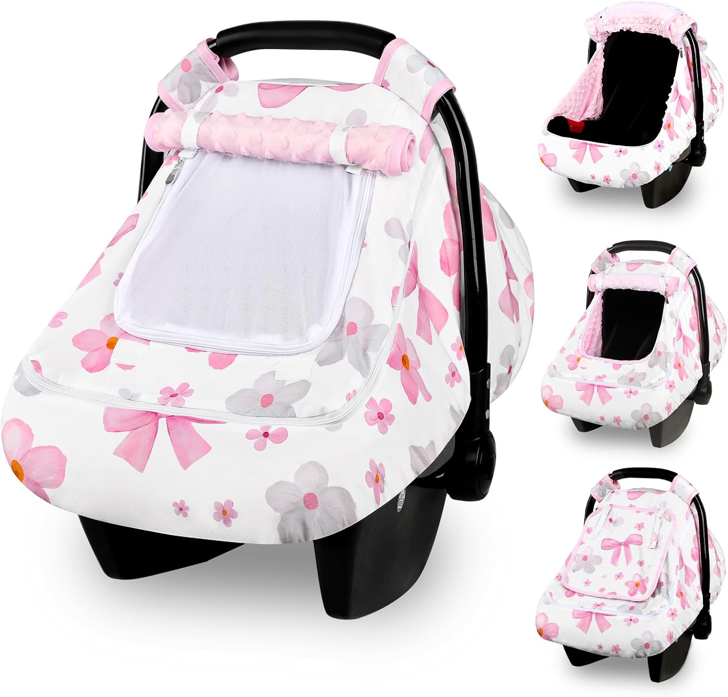 Hooyax baby car seat cover pink bow front view fully closed for sun protection