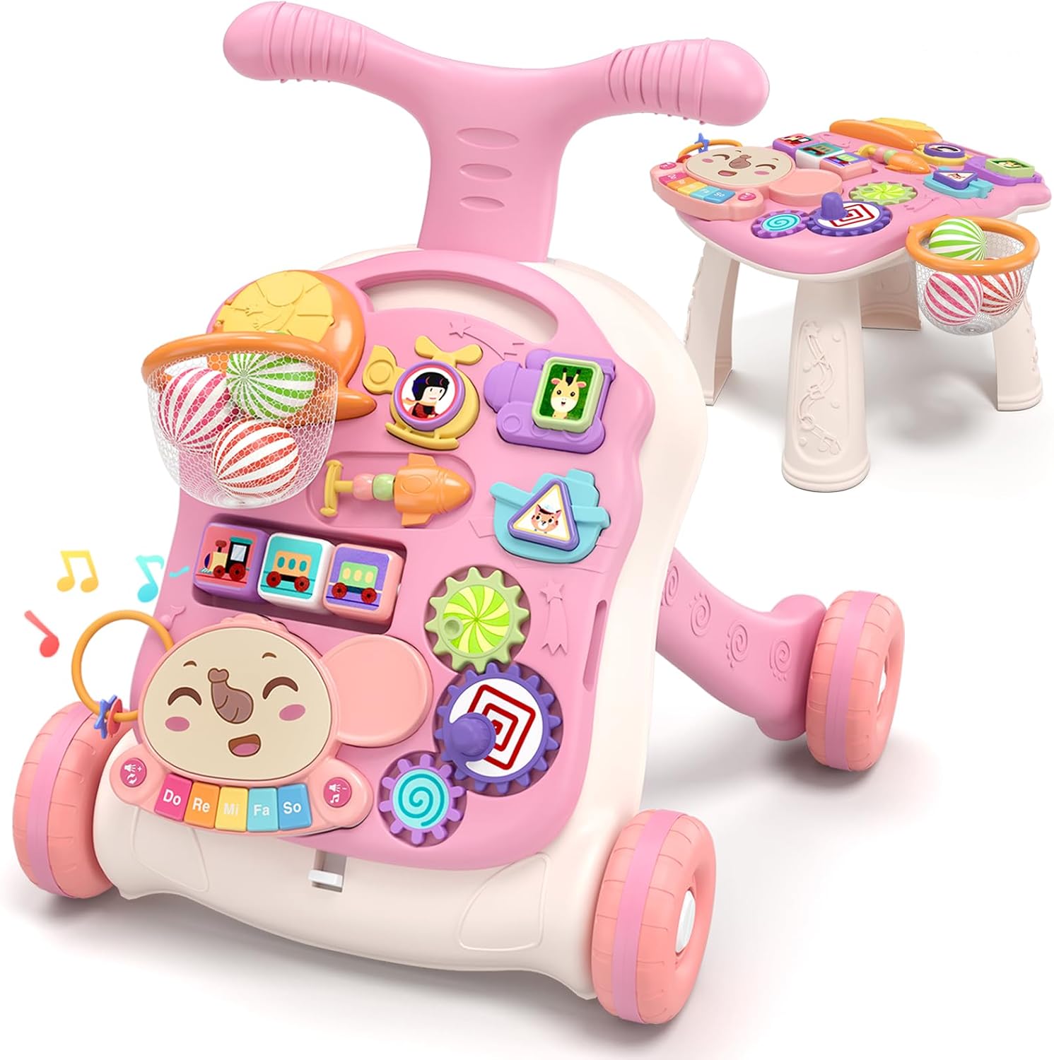 QDRAGON 3 in 1 baby walker and activity center front view showing the pink frame and interactive music panel.
