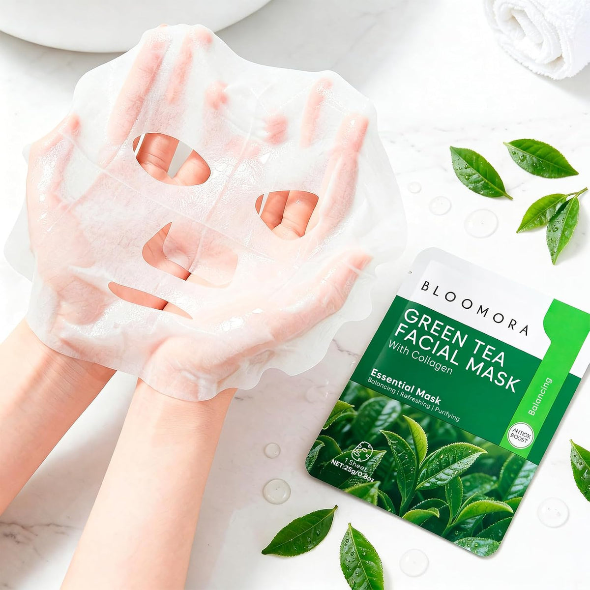 Model wearing Bloomora green tea and collagen face mask