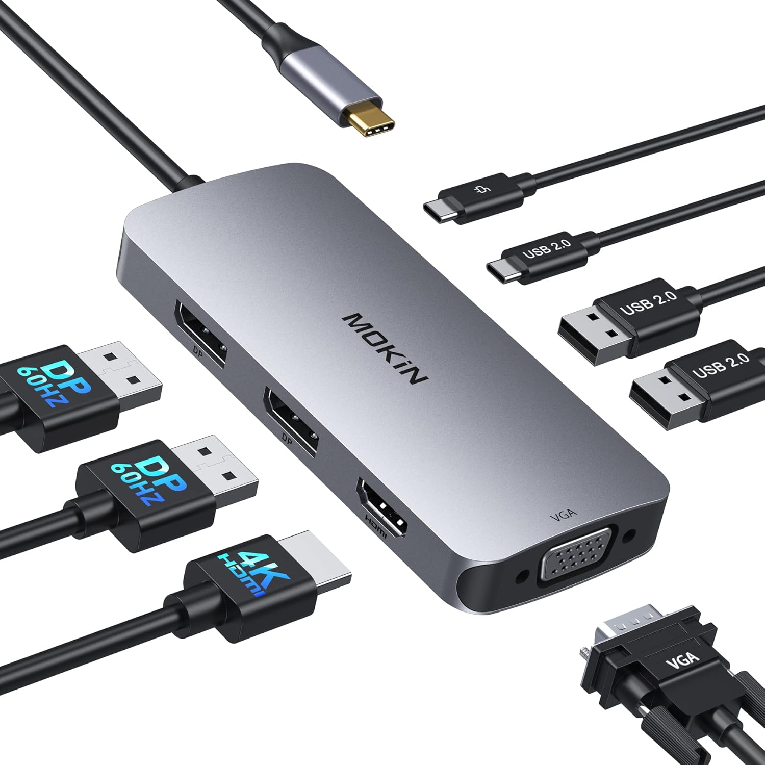 MOKiN USB C Docking Station front view showcasing dual DisplayPort and HDMI connectivity interfaces