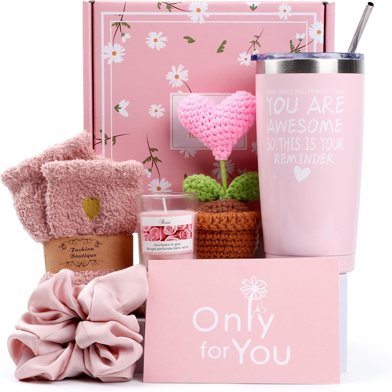 PANYUXUT luxury spa tumbler women gift basket front view of premium pink relaxation box set