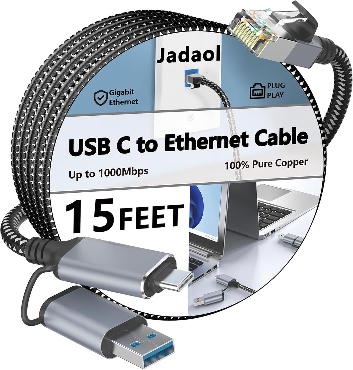 Jadaol USB-C/USB-A to Ethernet Cable 6 ft, Built-in USB-A Adapter, Up to 1Gbps Gigabit RJ45 LAN, Plug & Play for Most Systems, USB 3.0, Nylon Braided, Compatible with Thunderbolt 3/4 Device - Image 9