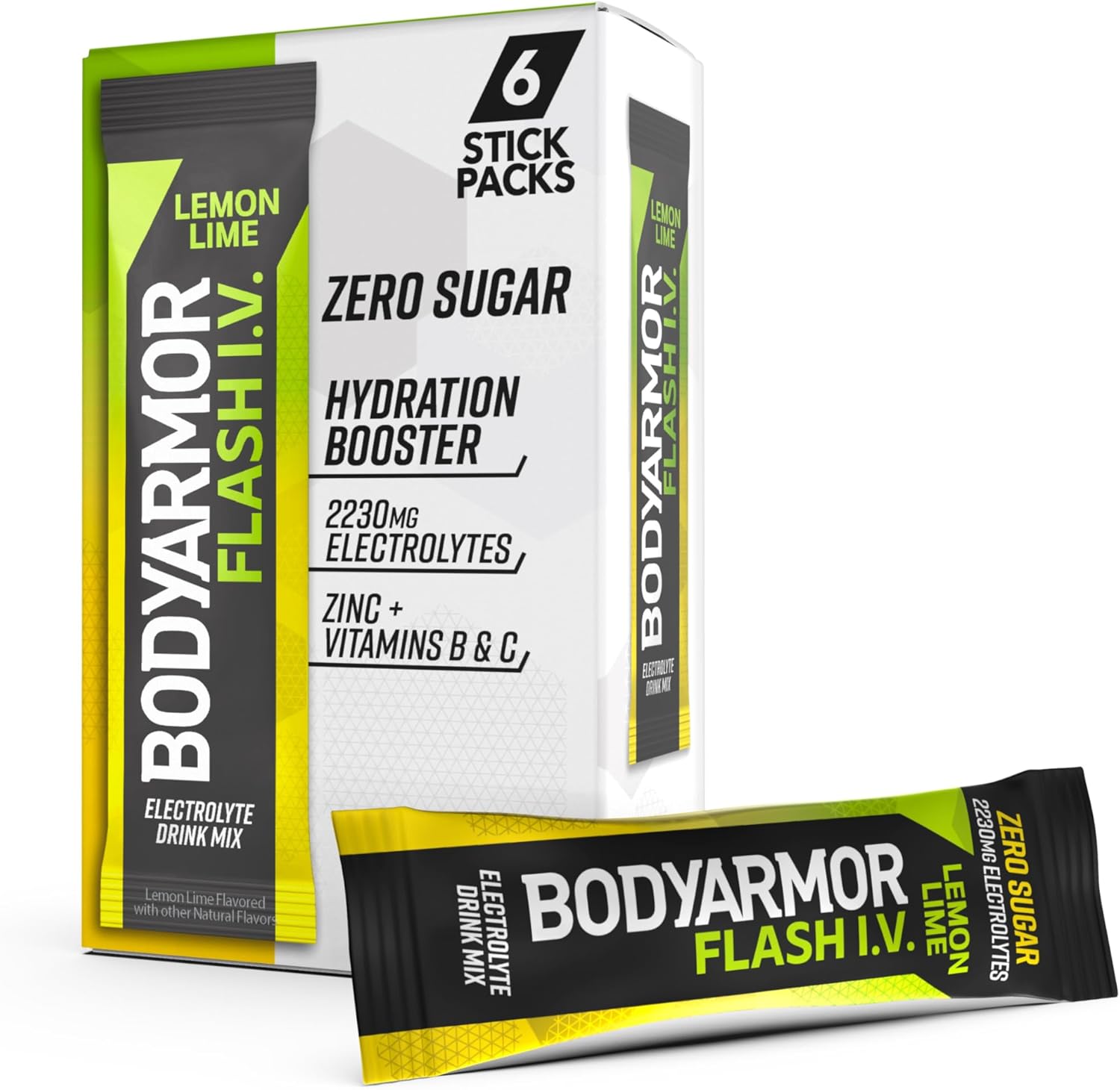 BODYARMOR Flash IV Electrolyte Packets Lemon Lime 6 Count front view box packaging
