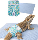 Homedy Crafts bearded dragon diaper and pad set front view showcasing the teal daisy pattern harness for pet hygiene.