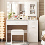 ENDYOE makeup vanity desk set front view showing white dressing table with lighted mirror and stool.