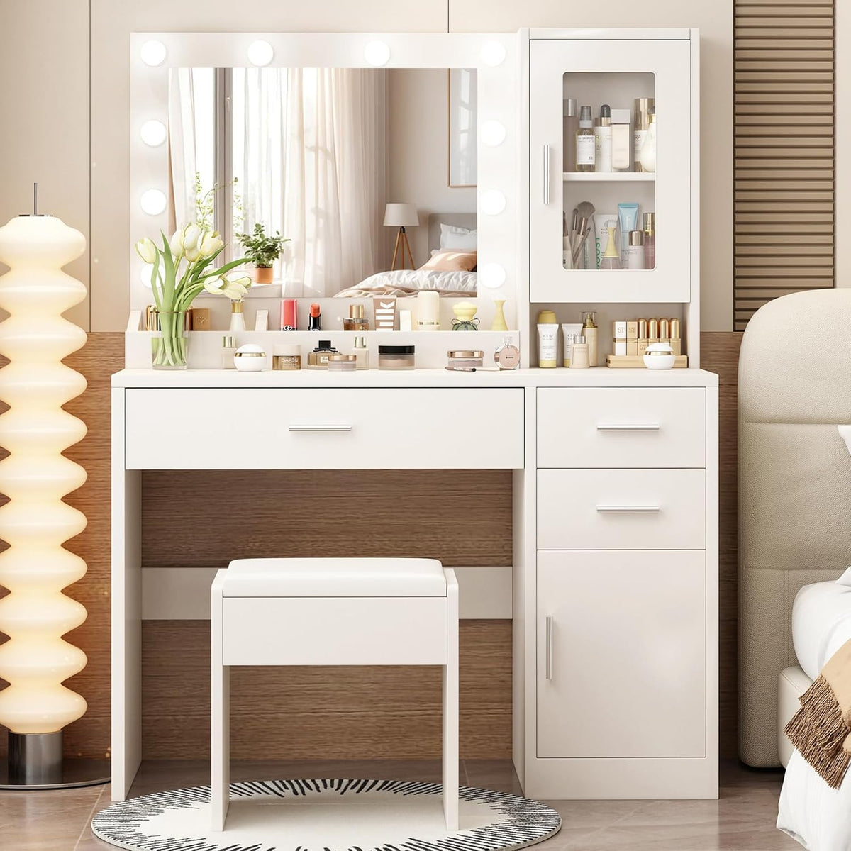 ENDYOE makeup vanity desk set front view showing white dressing table with lighted mirror and stool.