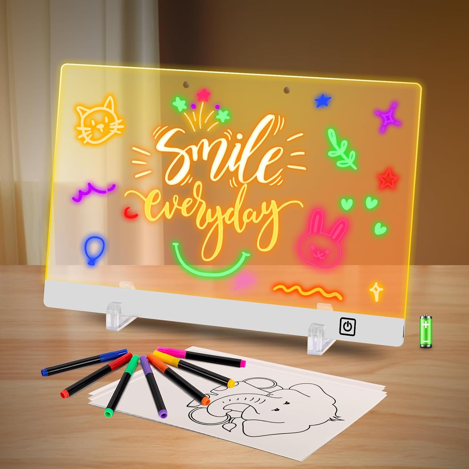 Essentials For You 16 Inch Rechargeable LED Drawing Board front view showing glowing neon child sketch