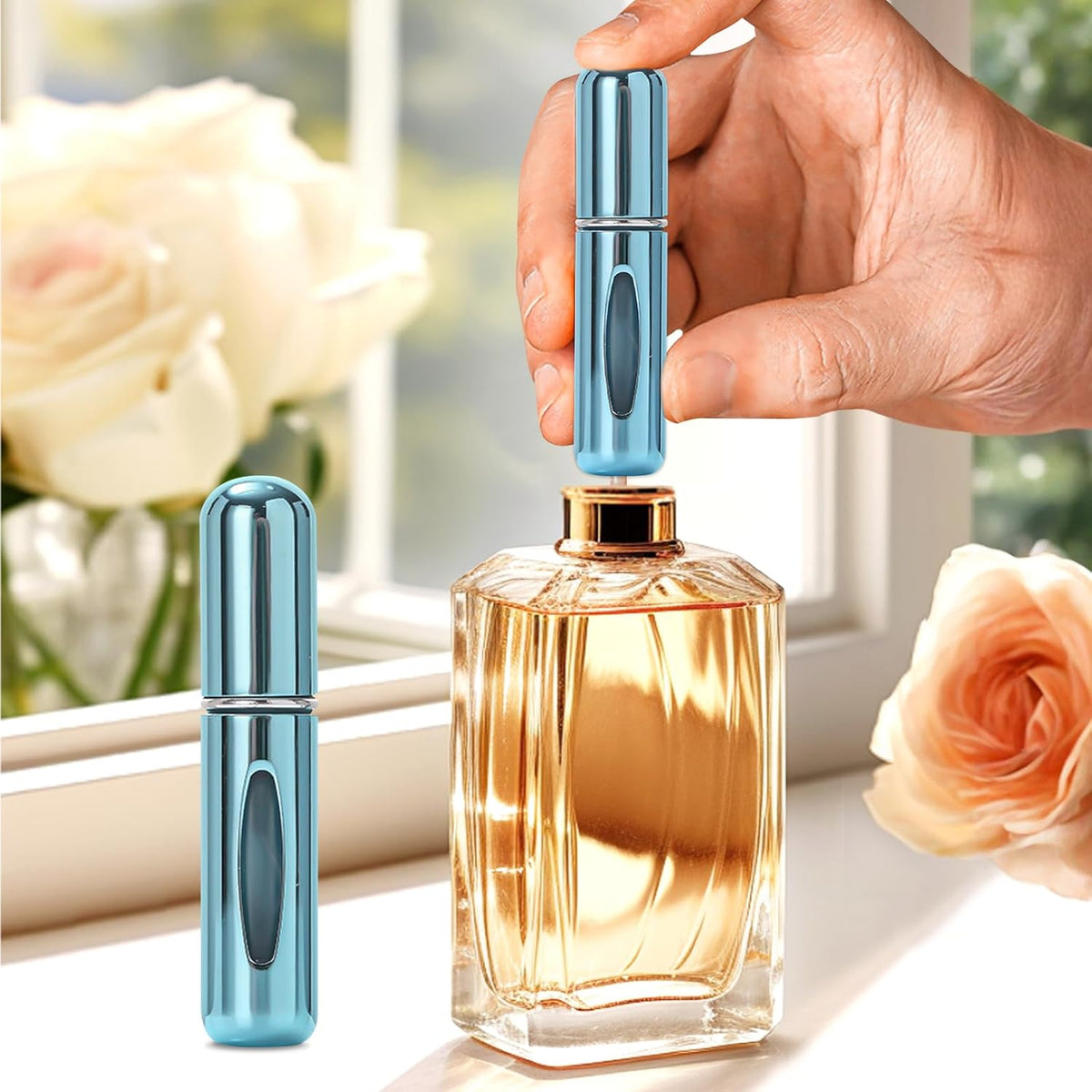 Generic 5ml mini perfume bottle in light blue showing the front profile and compact design.