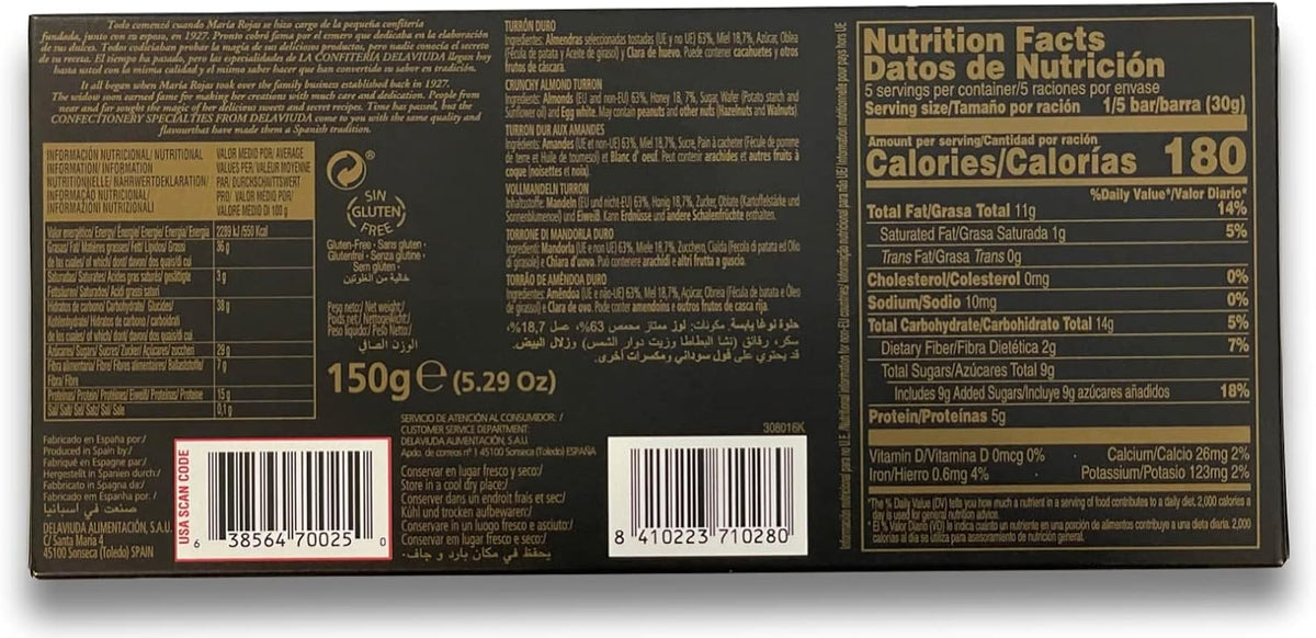 Close up shot of the imported Delaviuda hard nougat pack of two highlighting whole toasted almonds.