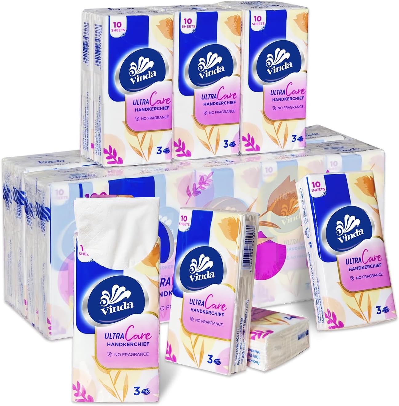 Vinda 3-Ply Ultra Care Pocket Tissues front view of retail packaging