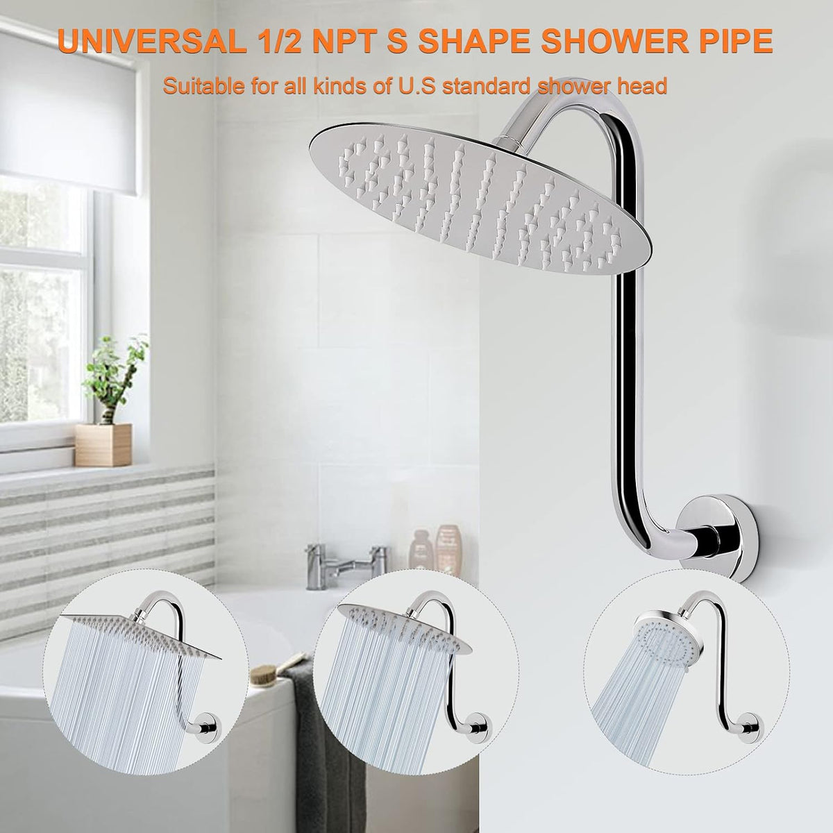 Stainless steel 12 inch shower arm with wall flange