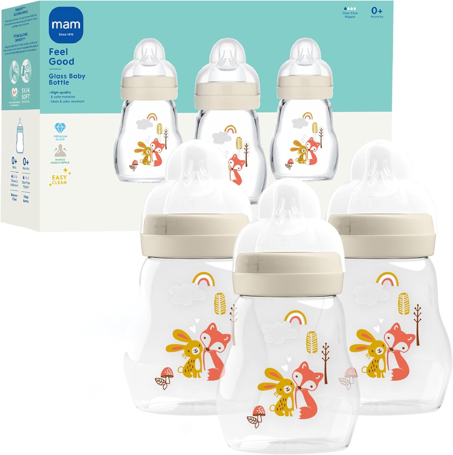MAM Premium Glass Wide Neck Baby Bottle 3 Pack front view showing the clear borosilicate glass body and silicone nipple.