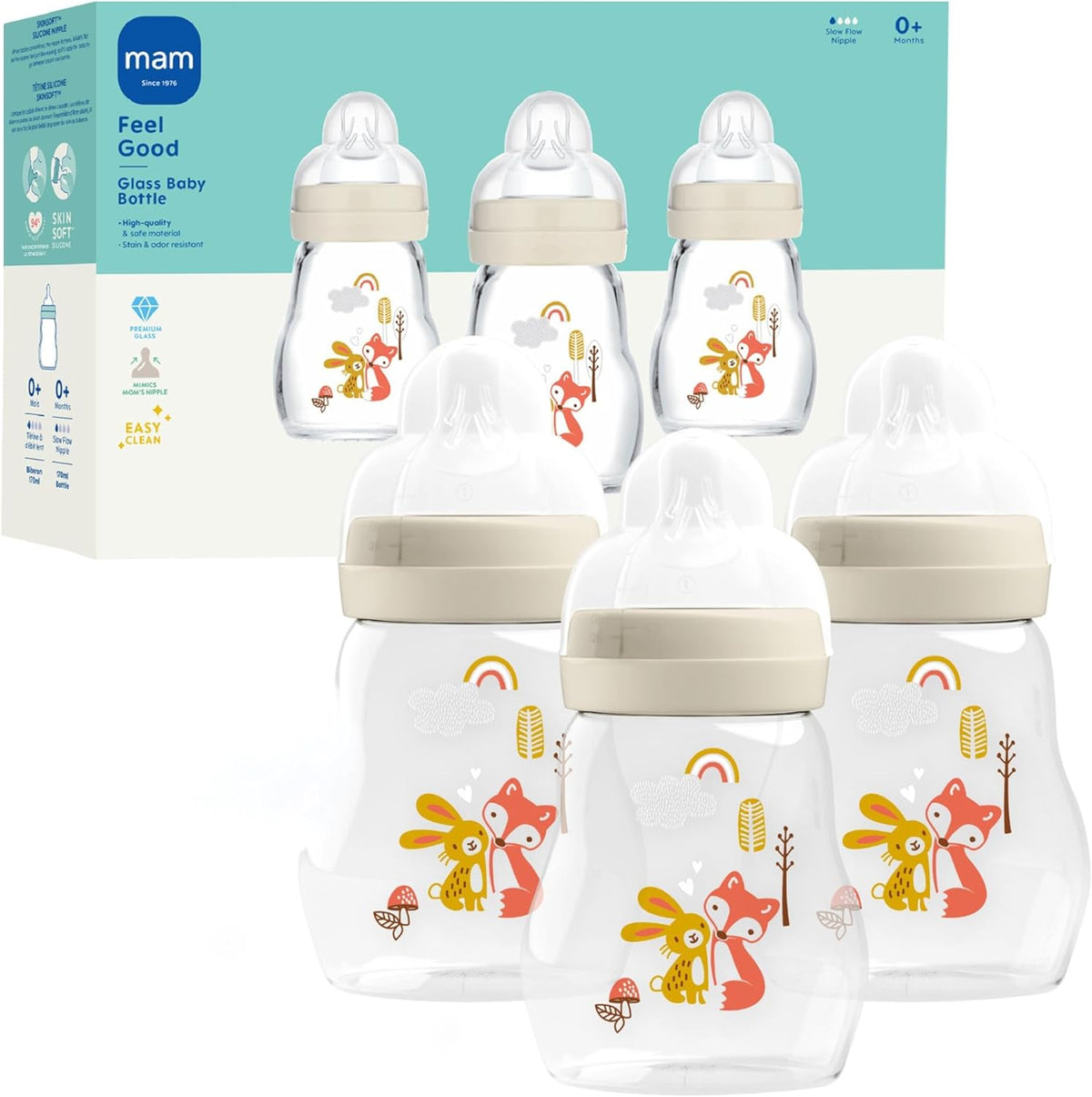 MAM Premium Glass Wide Neck Baby Bottle 3 Pack front view showing the clear borosilicate glass body and silicone nipple.