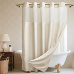 WONICY No Hook Linen Textured Shower Curtain in cream front view hanging in a modern bathroom setup.