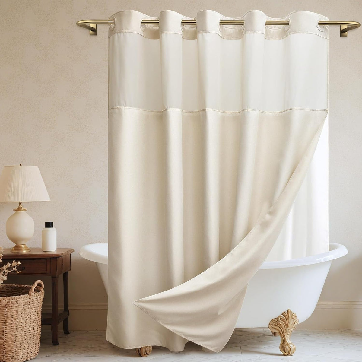 WONICY No Hook Linen Textured Shower Curtain in cream front view hanging in a modern bathroom setup.