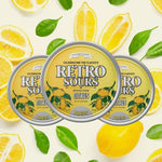 Close up of Retro Sours aluminum tin with assorted fruit flavors