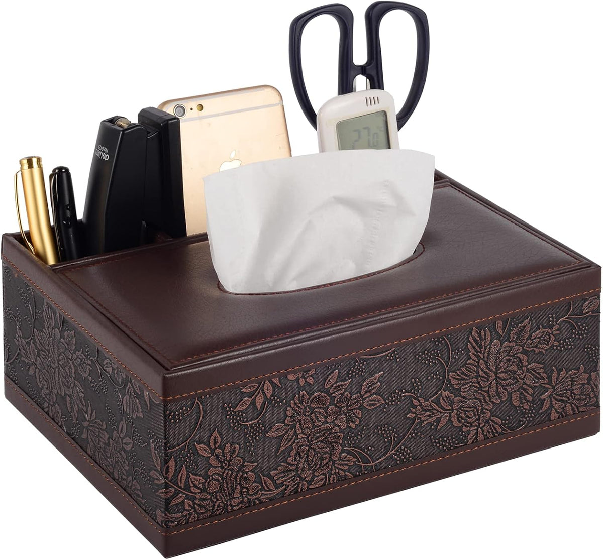 Multifunction PU Leather Tissue Box Holder with Stationery Remote Control Box, Decorative Tissue Pen Pencil Remote Organizer for Home and Office Use(White) - Image 12