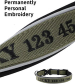 Close up of Indink reflective dog collar stitching and metal buckle