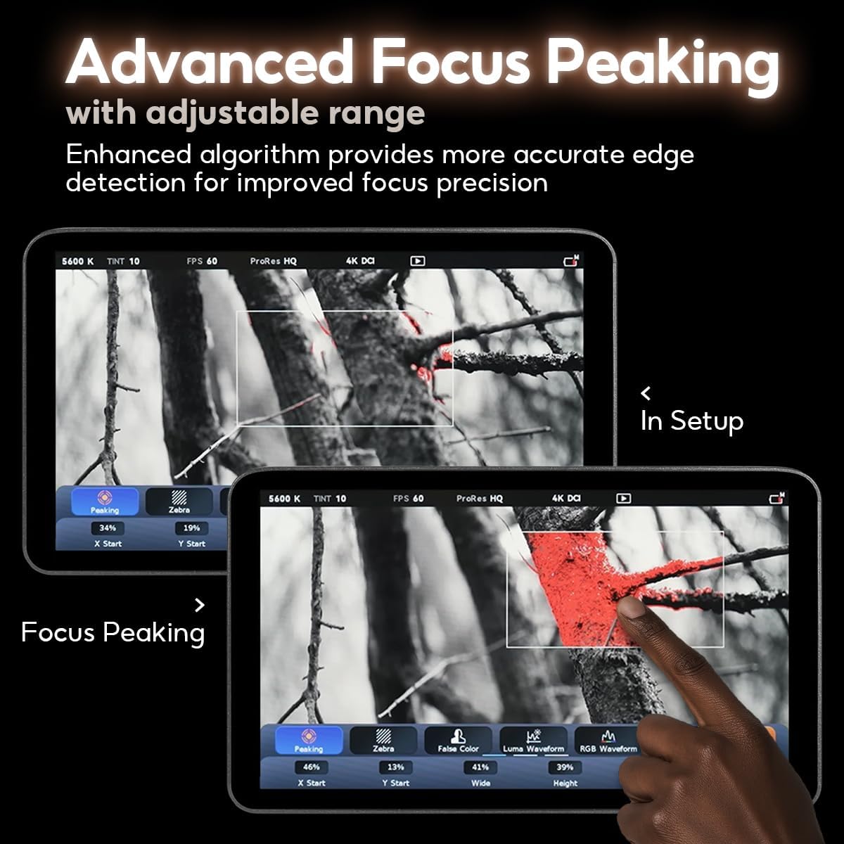 Portkeys LH7H touchscreen menu displaying waveform and false color tools