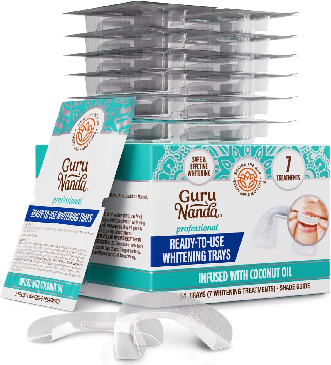 GuruNanda Ready-to-Use Prefilled Whitening Trays (7 Treatments) with 8% Hydrogen Peroxide to Remove Surface Stains, Fast & Easy Teeth Whitening for Sensitive Smiles - Image 1