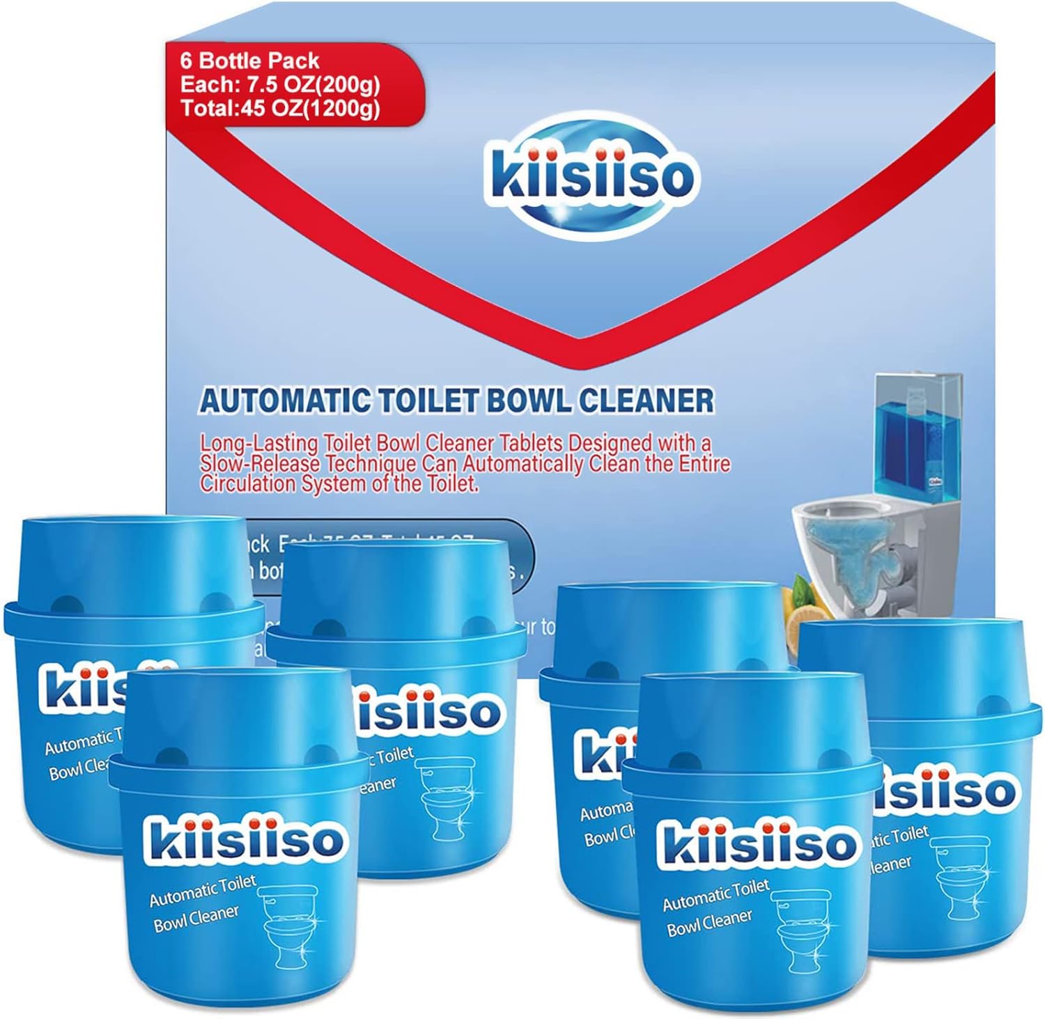 KIISIISO Toilet Bowl Cleaners 6 Bottles, Automatic Long-Lasting Toilet Bowl Cleaner Tablets in Bottle, for About 6 Months' Supply, Blue - Image 1