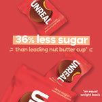 Rich dark chocolate cup cut in half showing creamy organic peanut butter filling