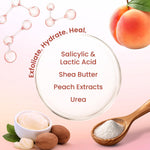 LuxaDerme foot peel mask showing peach extract and shea butter