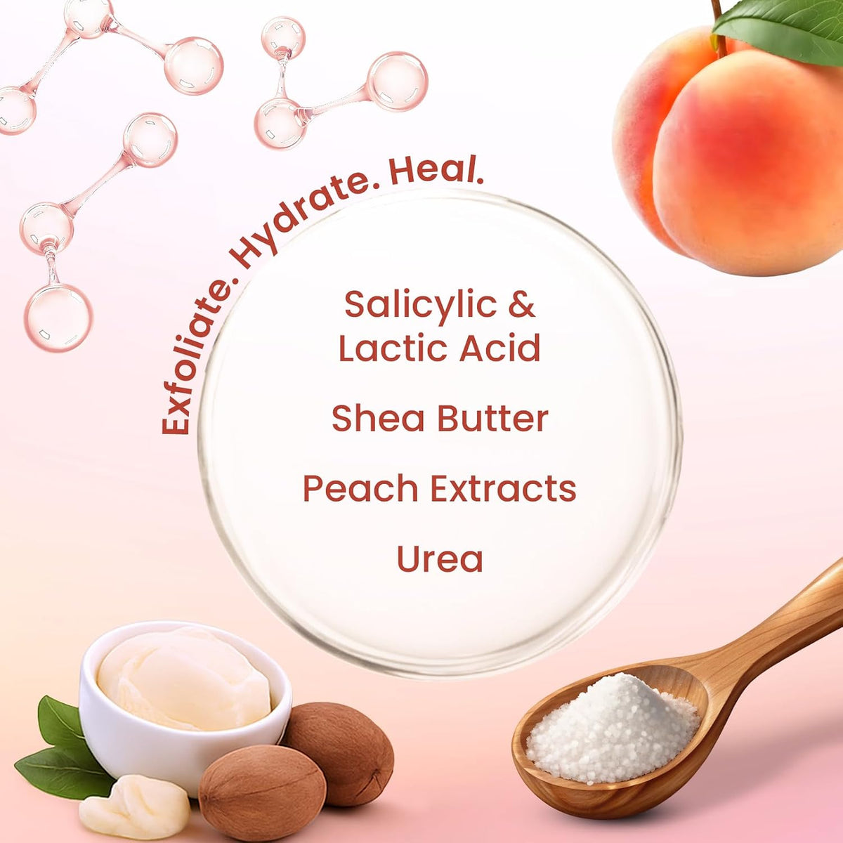 LuxaDerme foot peel mask showing peach extract and shea butter