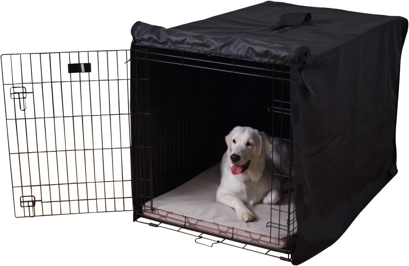 K9 Ballistics Tough Dog Crate Cover forty two inch black front view on a wire kennel.