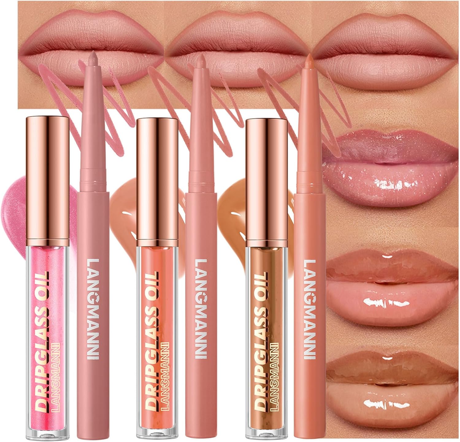 BestLand 6-piece hydrating lip oil and lip liner set front view showcasing all six makeup products