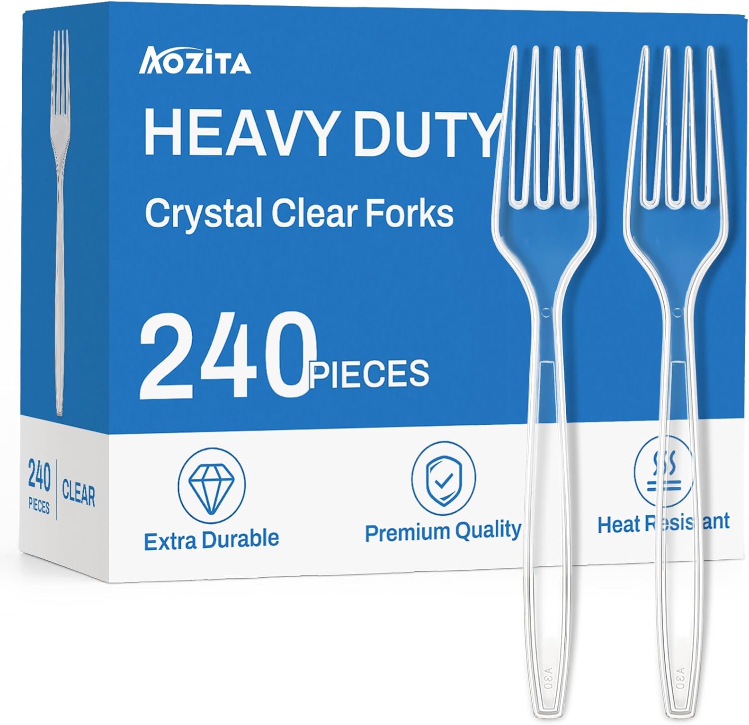 Aozita heavy duty clear plastic forks retail box front view