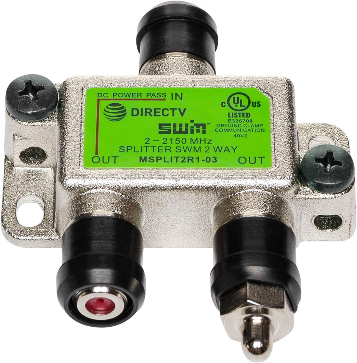 DIRECTV MSPLIT2R1-03 approved two way wide band SWM splitter front view showing coaxial ports